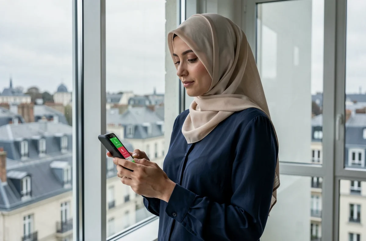 Femme recevant une notification d'heure de prière sur mobile avec vue sur les toits d'une ville du nord de la France