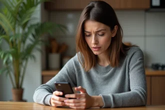 Femme consultant un numéro de téléphone inconnu sur son smartphone dans une cuisine moderne