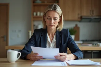 Femme d'âge moyen triant des documents officiels dans une cuisine moderne