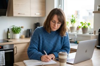 Femme organisée écrivant dans un planner dans une cuisine moderne