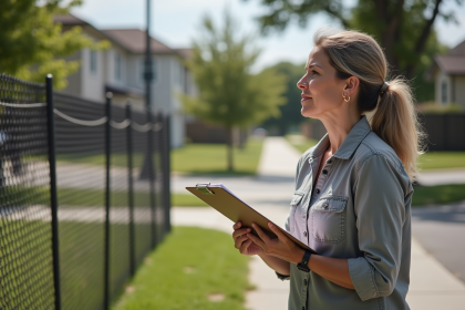 Femme examinant un terrain avec des marqueurs de bornage