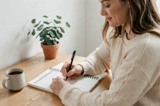 Femme écrivant dans un planning mensuel imprimé à son bureau en bois dans un intérieur scandinave épuré