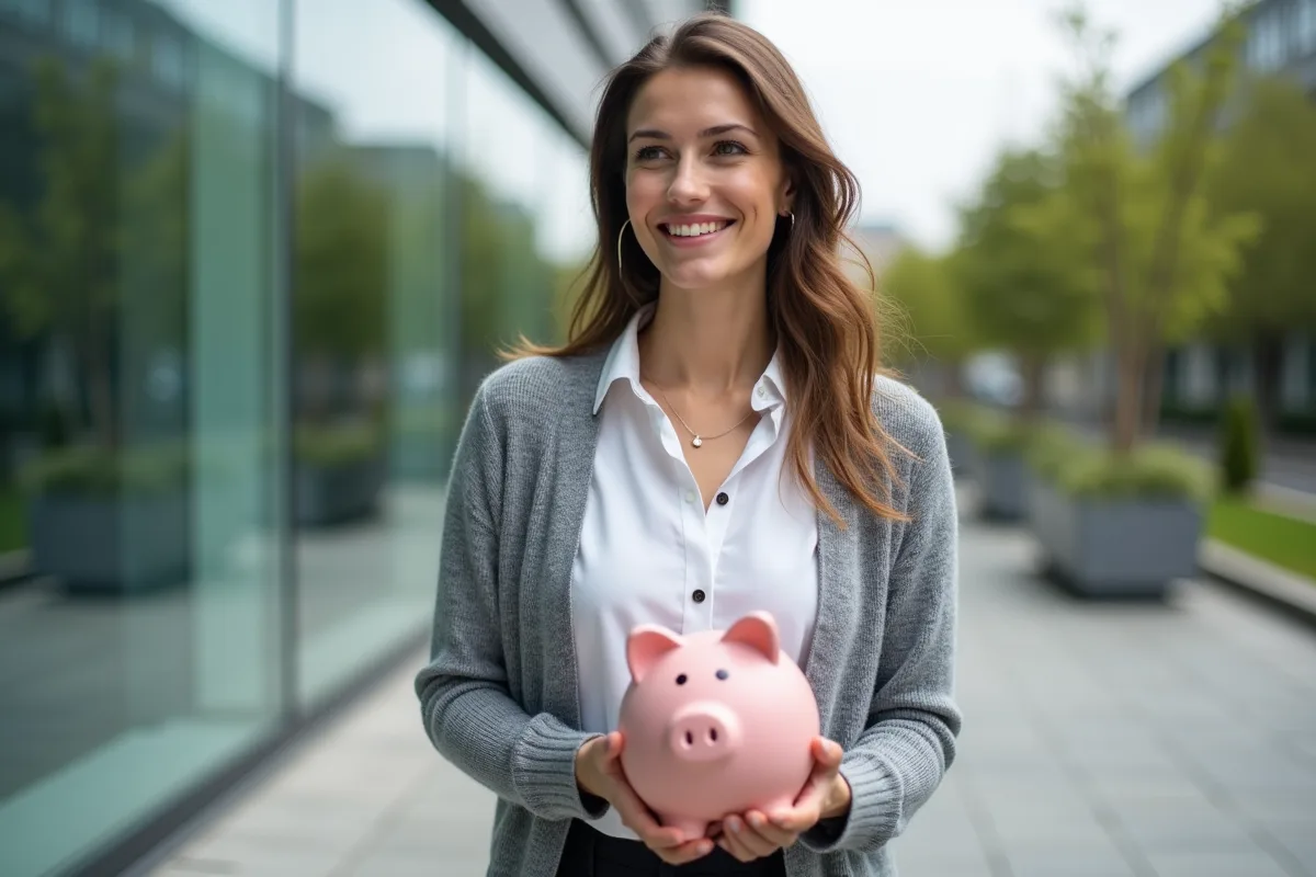 Jeune femme avec tirelire euro dans un environnement urbain