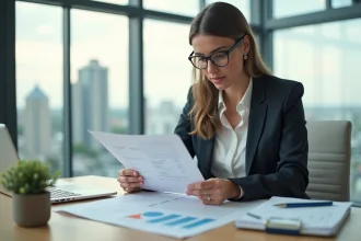Femme professionnelle examinant des documents de prêt immobilier