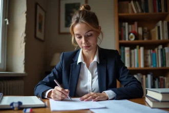 Femme réfléchissant à un quiz sur les partis politiques français à son bureau