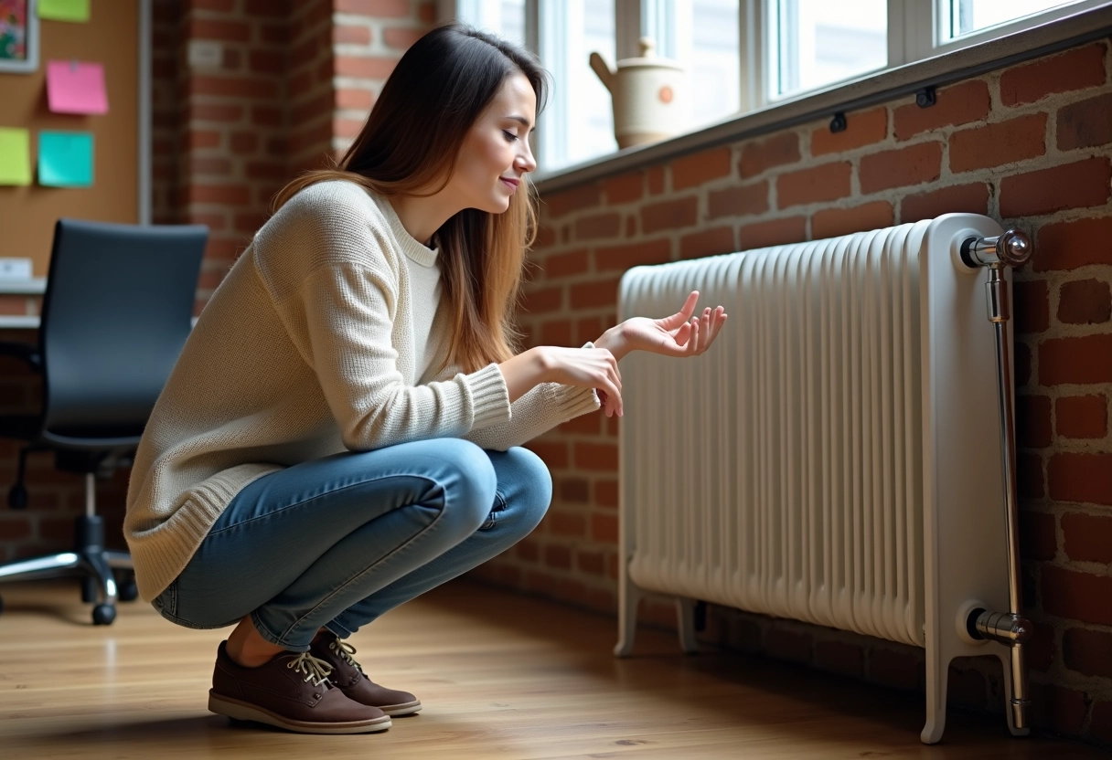 Jeune femme contemplant la chaleur d un radiateur ancien