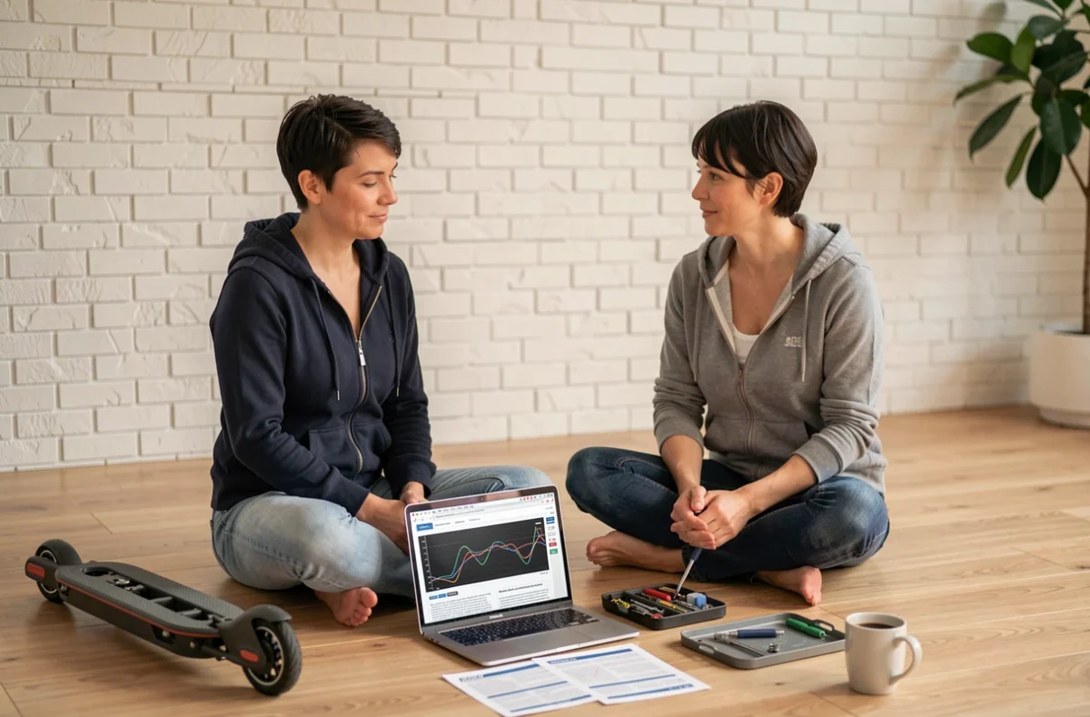 Femme étudiant des données techniques sur ordinateur portable pour modifier le couple moteur de sa trottinette électrique à domicile