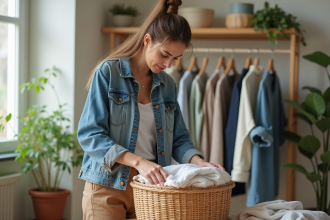 Femme pliant des vêtements dans un intérieur écologique