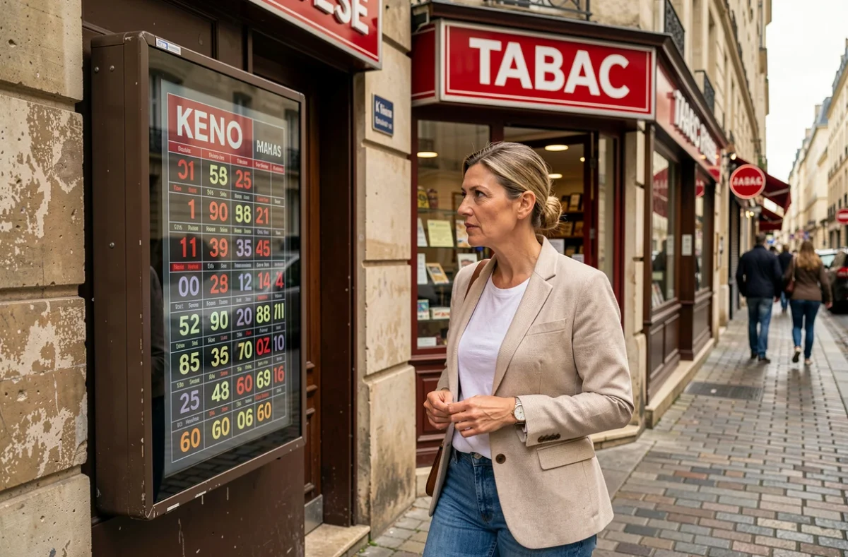 Femme consultant les résultats Keno sur l'écran d'un bureau de tabac en ville
