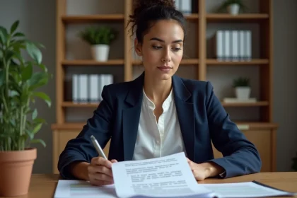 Femme préparant son entretien de naturalisation en révisant un document de 100 questions réponses à son bureau
