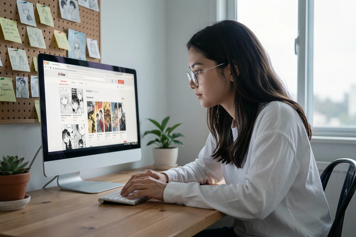 Jeune femme utilisant un site de scan manga sur ordinateur dans un bureau à domicile organisé