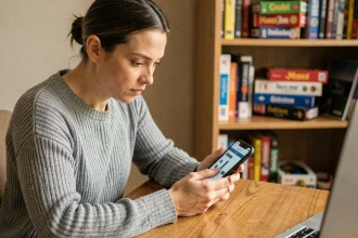 Femme adulte concentrée cherchant la solution d'un mot de passe Codycross sur son smartphone