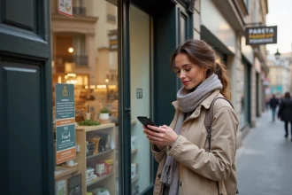 Femme vérifiant son smartphone devant un magasin fermé en France