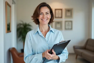 Femme souriante dans une clinique dentaire moderne en Belgique