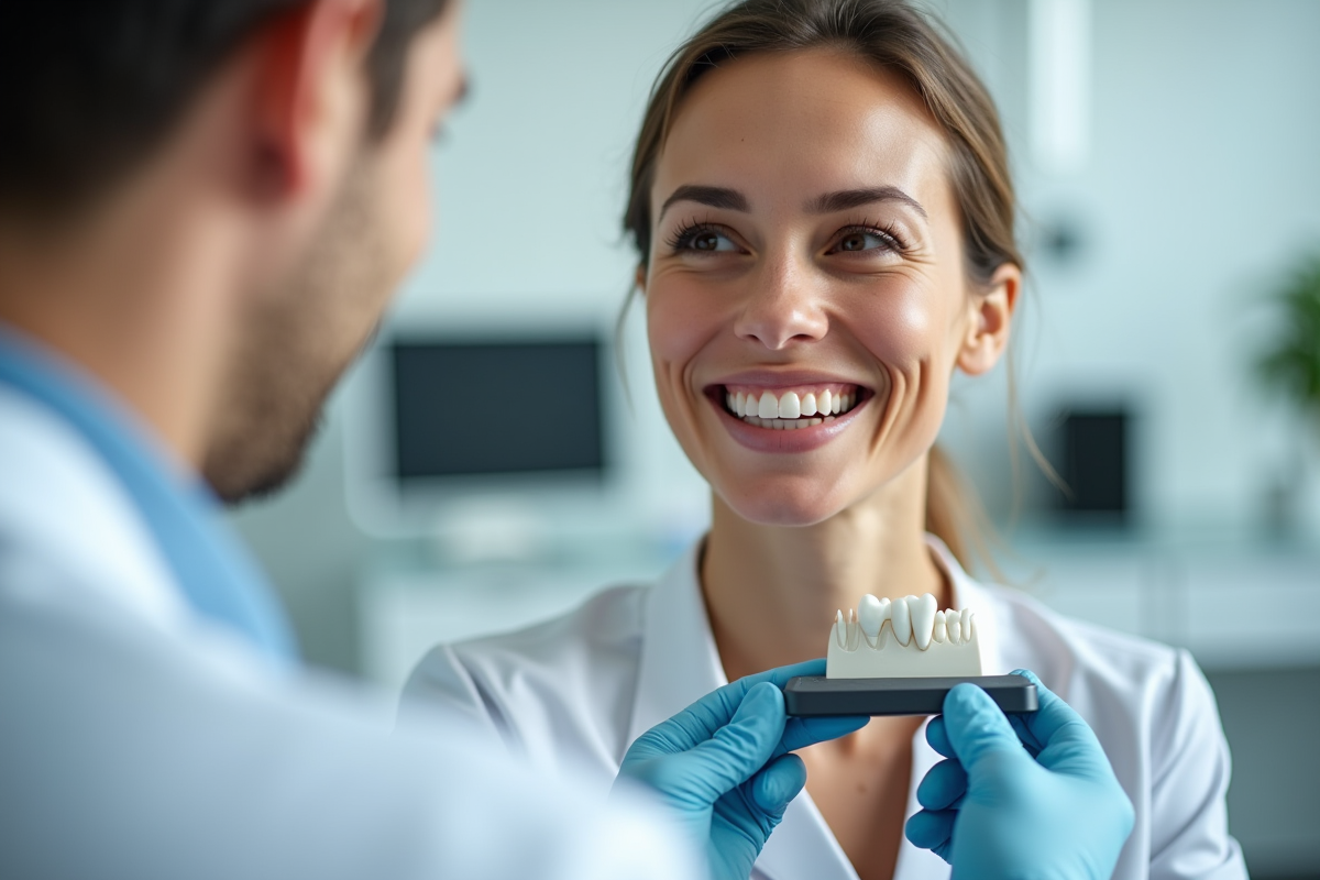 Femme souriante lors d'une consultation dentaire avec modèle d'implant