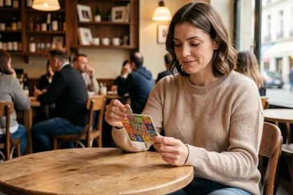 Femme grattant un ticket FDJ à gratter dans un café parisien en 2026