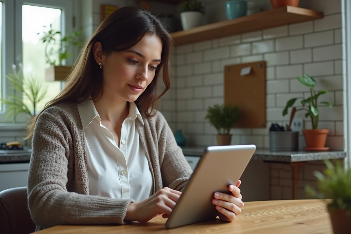 Jeune femme vérifiant un site gouvernemental sur sa tablette à la maison