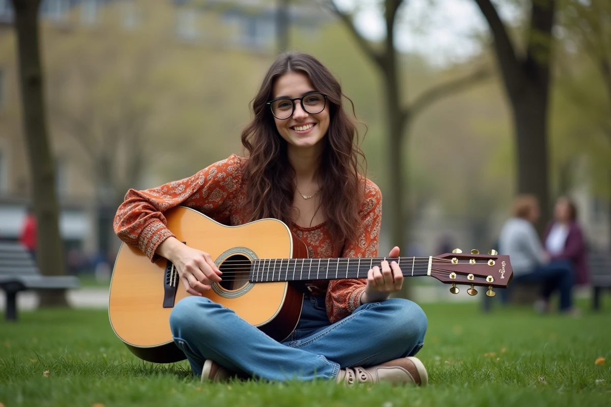 Femme chanteuse assise dans un parc parisien vintage