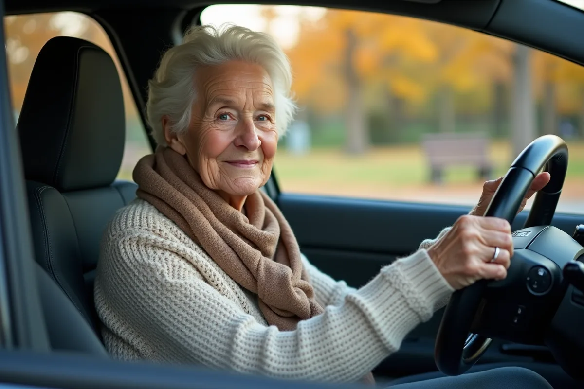 Femme âgée dans sa voiture électrique près d’un parc urbain