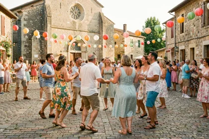 Villageois dansant en cercle sur une place pavée lors d'une fête de village en Aveyron, guirlandes lumineuses et façades en pierre