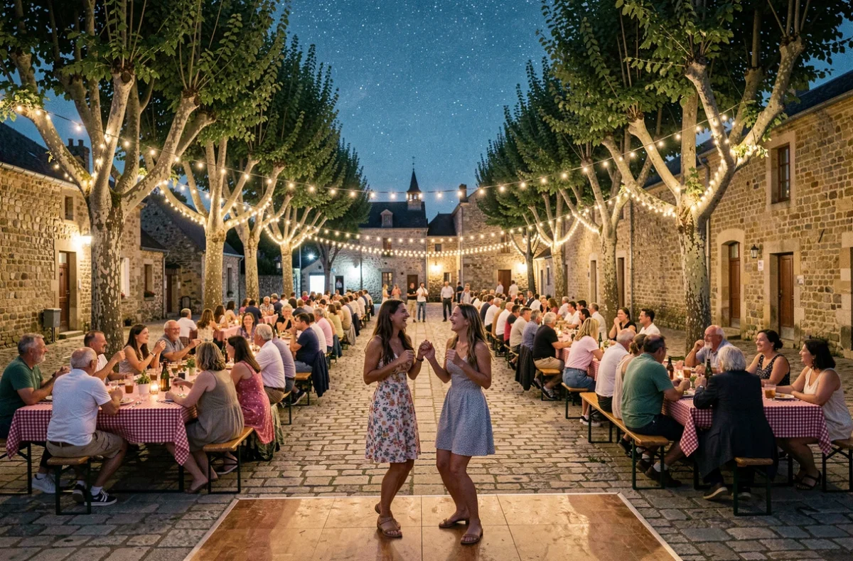 Scène nocturne d'une fête de village en Aveyron avec tables dressées sous des guirlandes lumineuses et villageois qui dansent