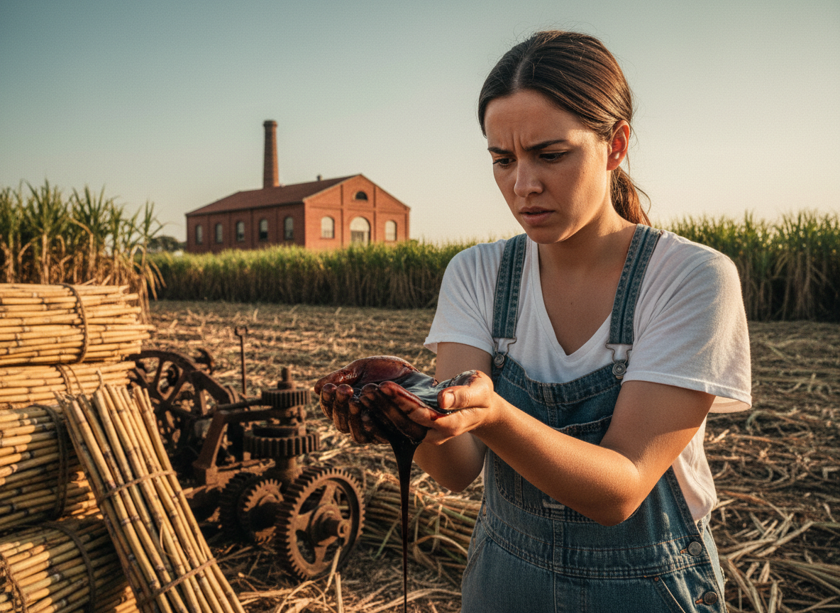 Jeune femme examinant la mélasse dans un champ de canne à sucre