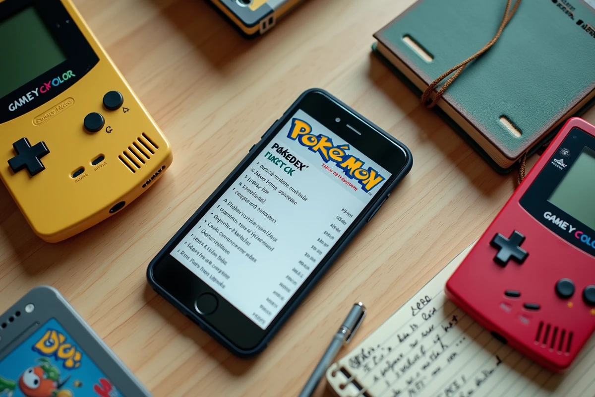 Flat-lay de cartes Pokémon, Game Boy et smartphone affichant le site monpokedex sur une table en bois