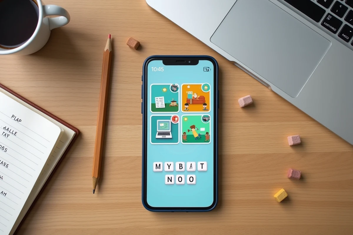 Vue de dessus d'un smartphone affichant un jeu 4 images 1 mot avec carnet de notes et café sur un bureau en bois