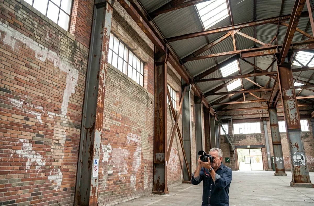 Franck Thenot photographe dans un bâtiment industriel patrimonial en banlieue parisienne