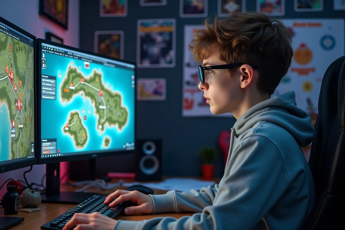 Jeune homme gamer concentré devant un setup multimoniteur avec Dofus