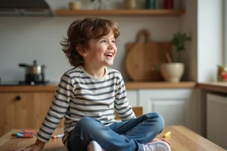 Garçon de sept ans souriant dans la cuisine familiale