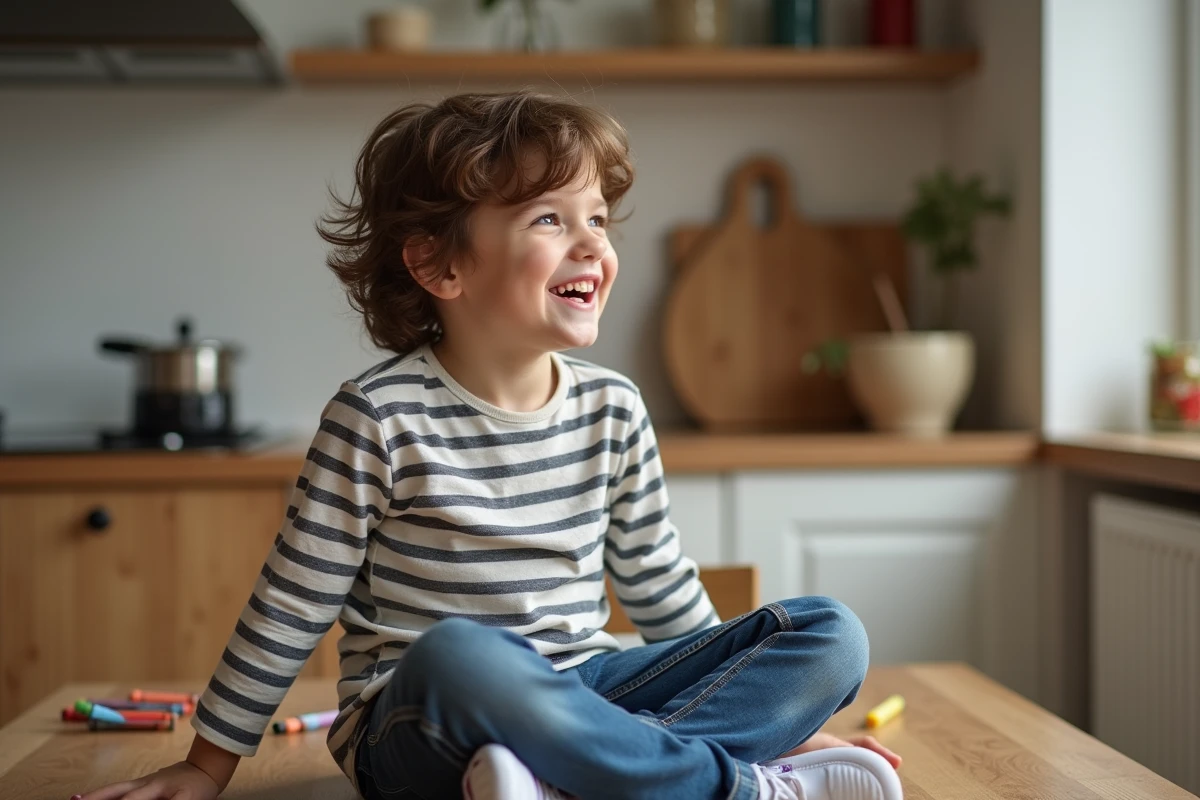 Garçon de sept ans souriant dans la cuisine familiale