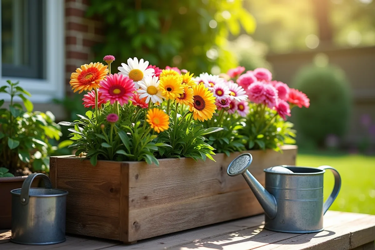 Jardinière en bois bien entretenue dans un espace extérieur verdoyant