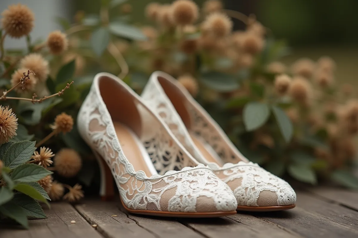 Chaussures de noces bohèmes confortables et élégantes sur un fond naturel