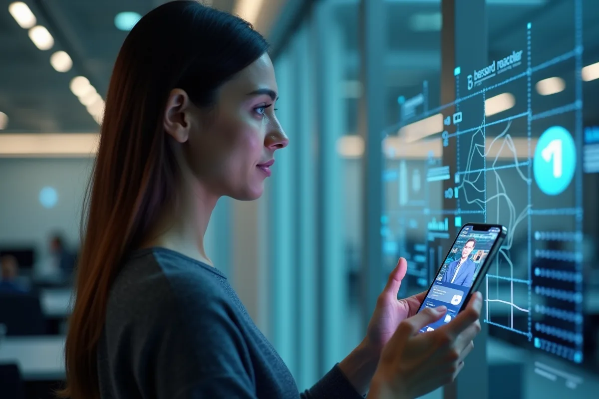 Visage humain interagissant avec des technologies de communication avancées