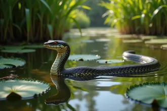 Couleuvre d'eau glissant sur une berge en milieu naturel