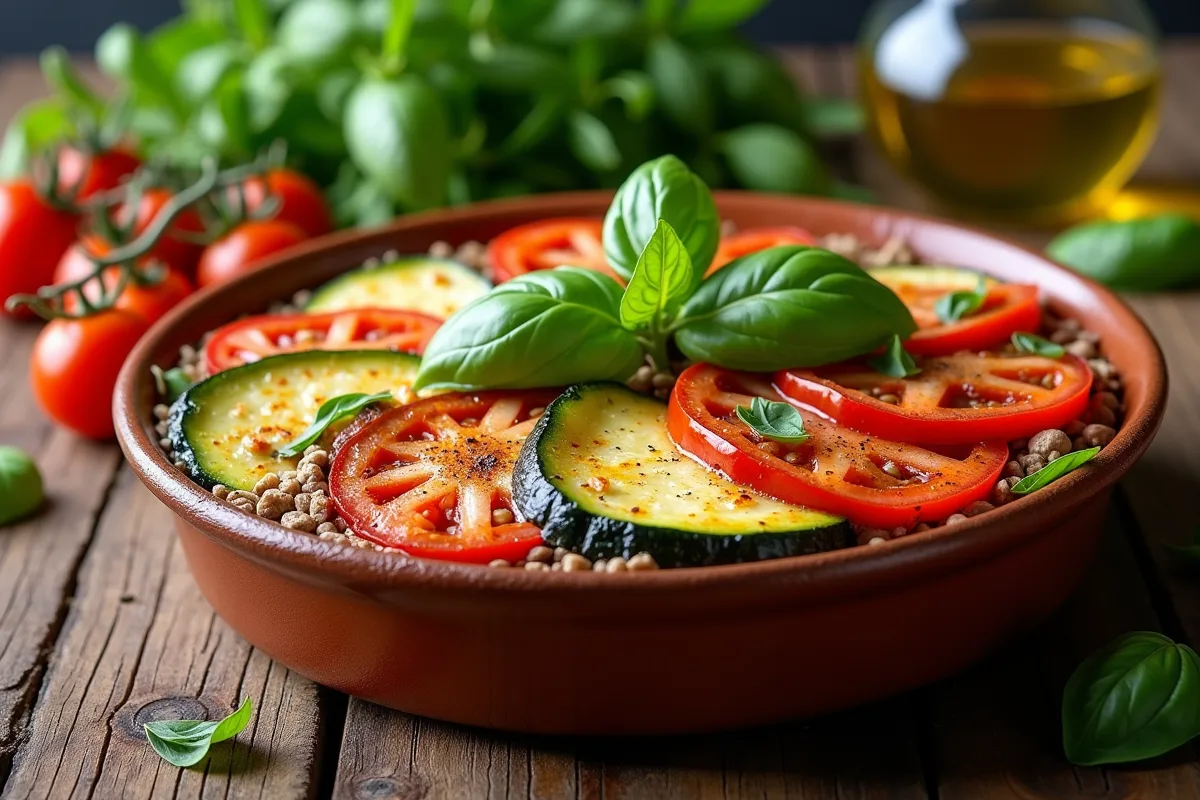 Tian de légumes colorés avec herbes méditerranéennes et fromage fondu