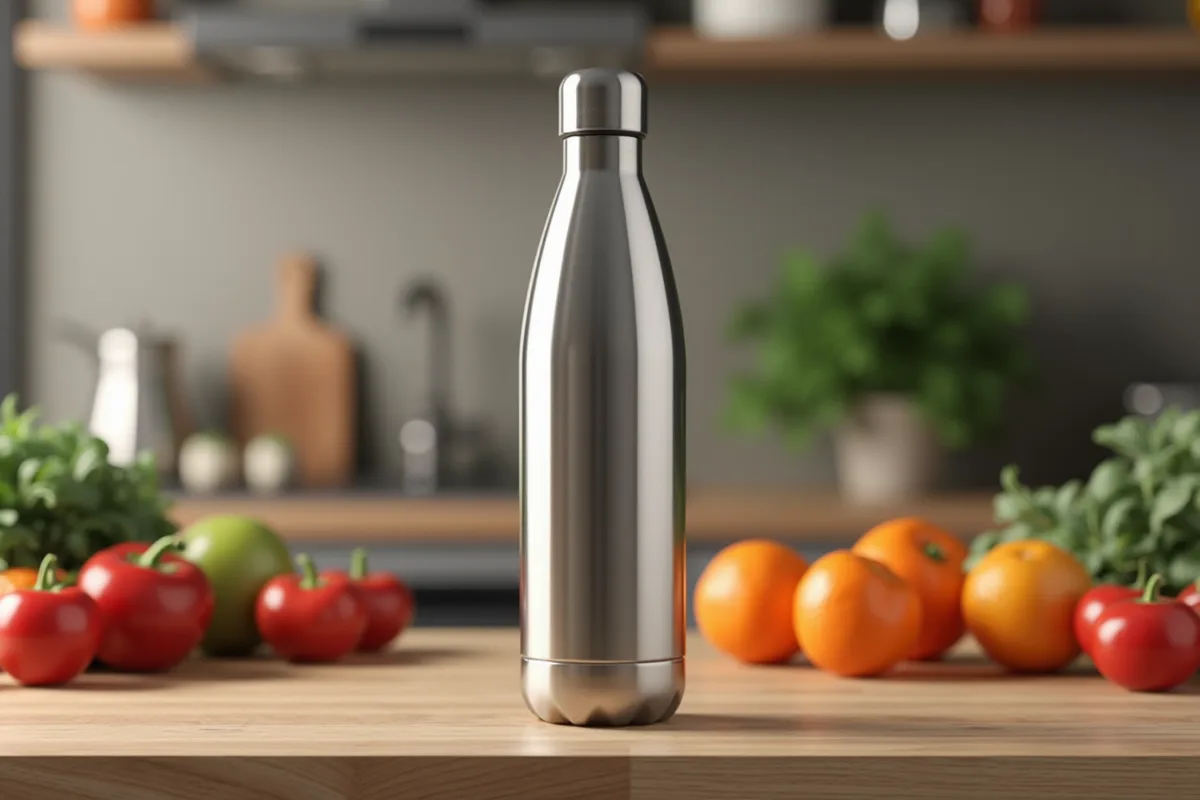 Gourde en inox sur une table, symbole d'un mode de vie durable