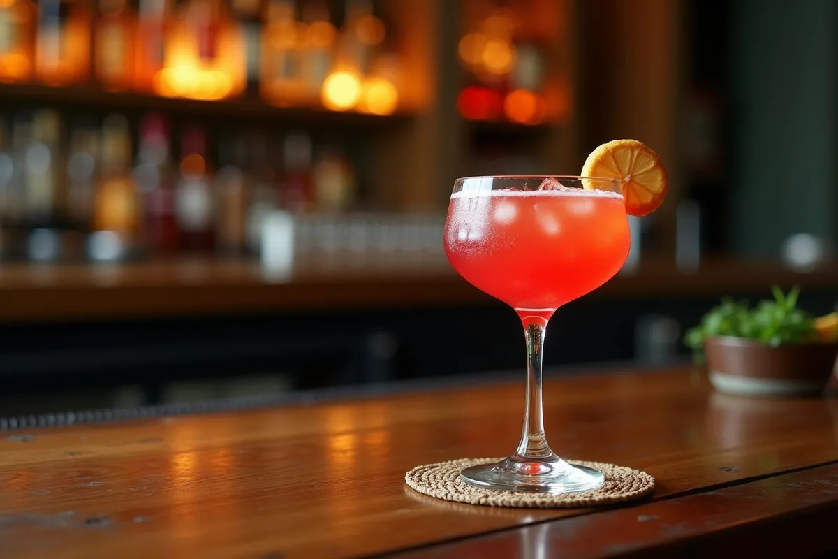 Madeleine cocktail servie dans un verre élégant avec garniture colorée