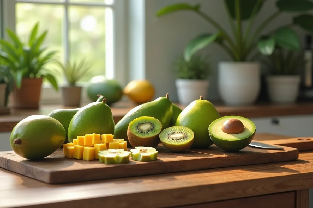 Fruits exotiques verts sur un plateau, prêts à être dégustés