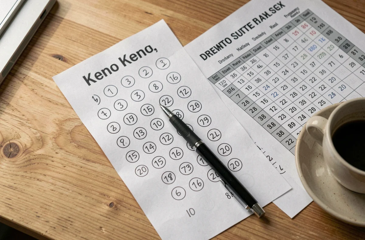 Grille Keno et statistiques des numéros les plus fréquents posées sur un bureau en bois