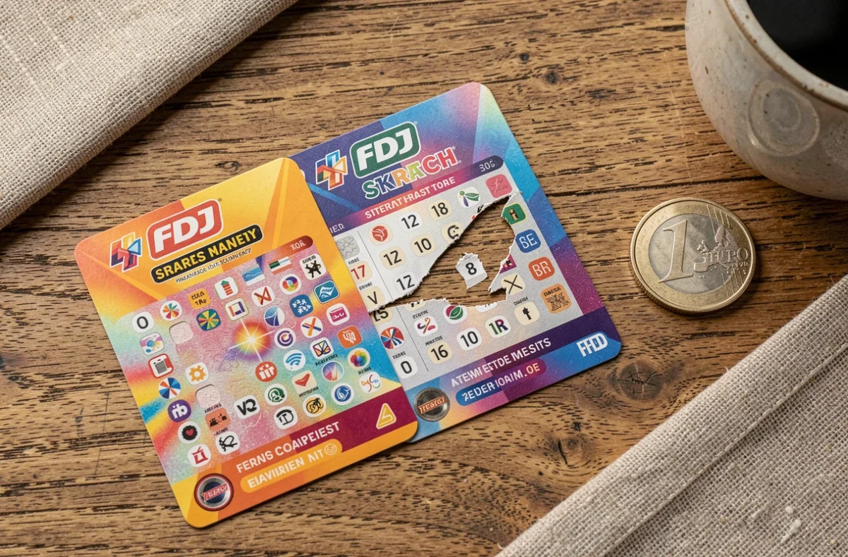 Gros plan de tickets FDJ à gratter colorés et d'une pièce posés sur une table en bois