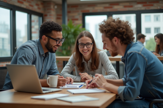 Groupe de jeunes adultes en brainstorming dans un espace coworking