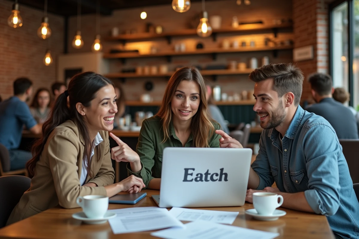 Groupe de trois adultes autour d'une table de café discutant d'un nom mystérieux affiché sur un écran d'ordinateur portable