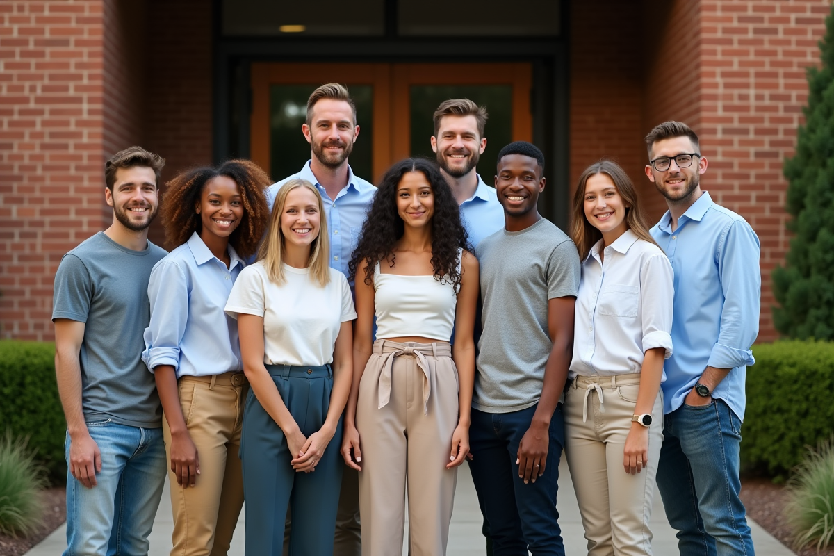 Groupe diversifié devant une église moderne en extérieur