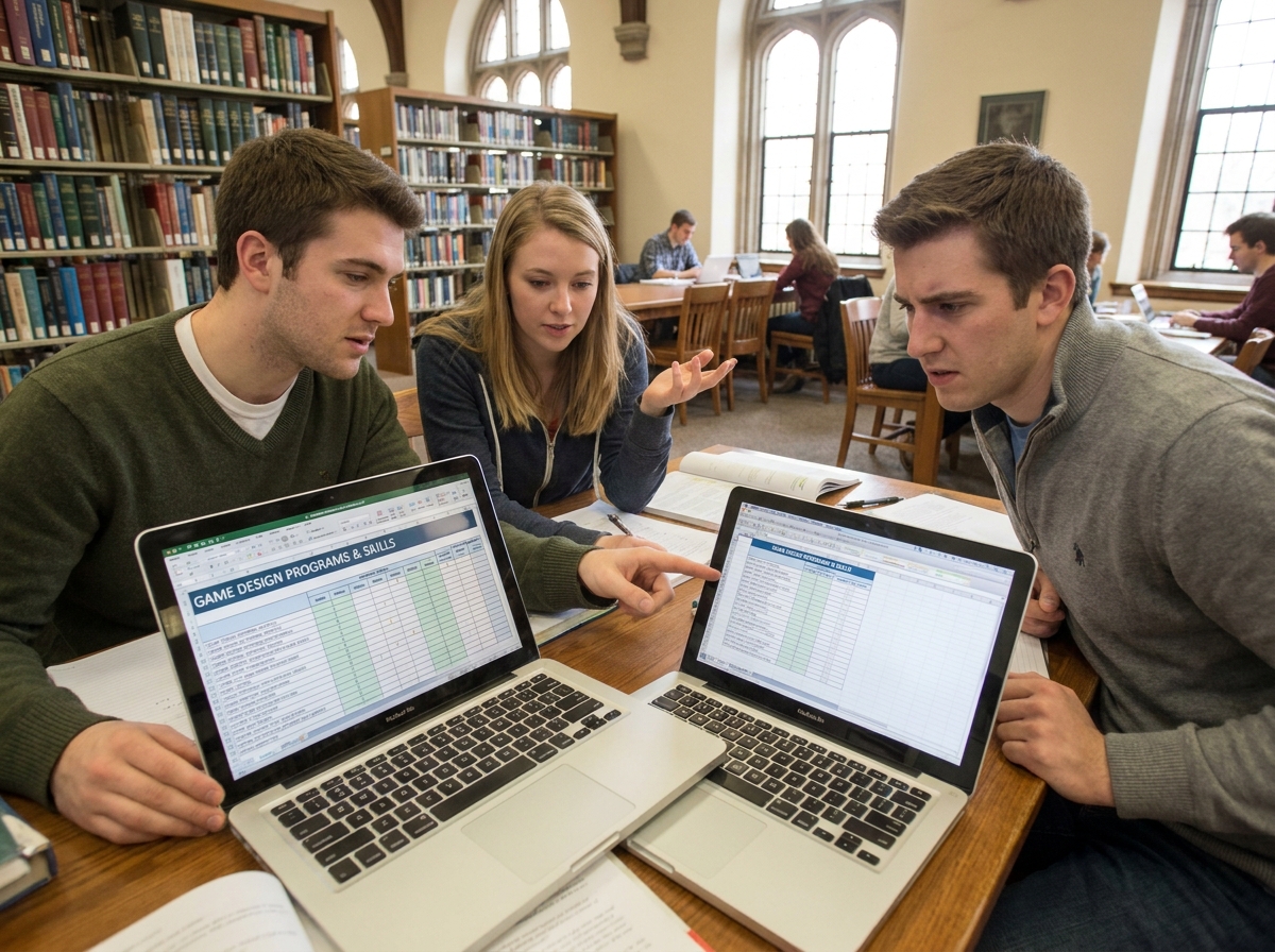 Groupe d'étudiants en bibliothèque universitaire comparant les formations en jeux vidéo et les compétences requises sur un ordinateur portable