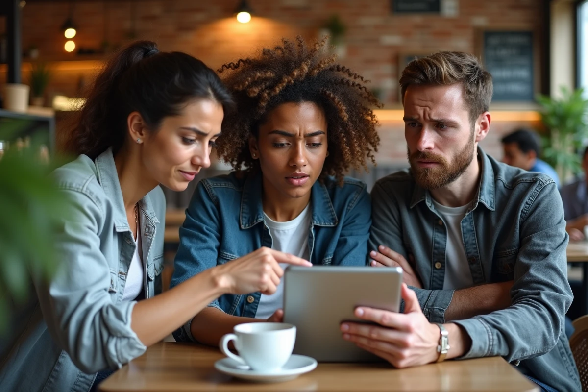 Groupe de fans de Pokémon discutant avec inquiétude du site monpokedex autour d'une tablette dans un café