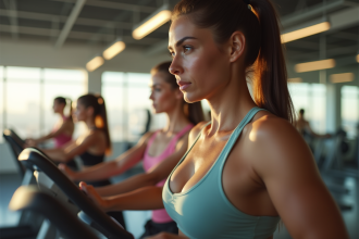 Femmes diverses faisant du cardio dans un gym lumineux