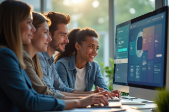 Groupe de professionnels autour d'un portail digital moderne