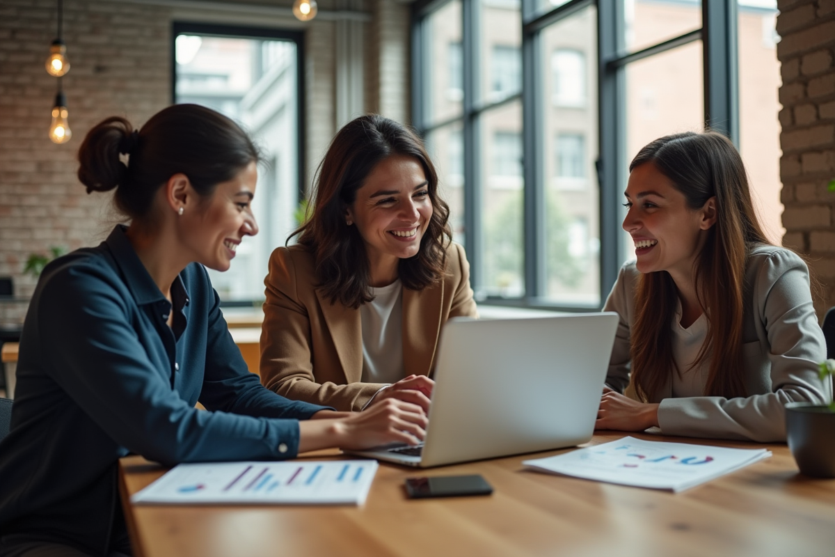 Groupe de professionnels discutant autour d un ordinateur en coworking